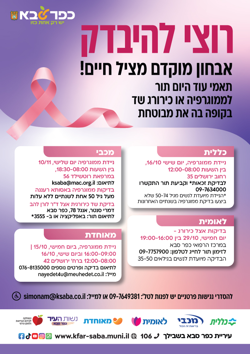 מודעה גרפית - מועדי בדיקות ממוגרפיה או כירורג שד בקופות החולים