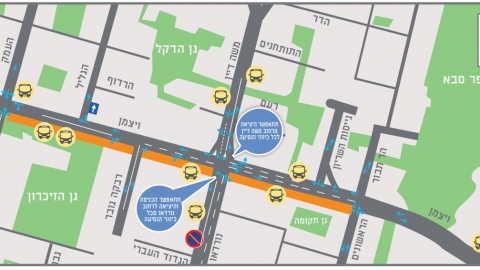 מפה גרפית המתארת את הסדרי התנועה במהלך העבודות לפתיחת צומת הרחובות נורדאו ויצמן לתנועה בכפר סבא